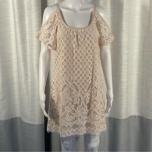Venus Beige Battenburg Lace Slip On Cold Shoulder A Line Mini Dress Sz S